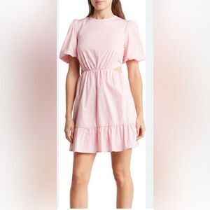 Wayf Pink Puff Sleeve Mock Neck Mini Dress Side Cut Outs Size Small